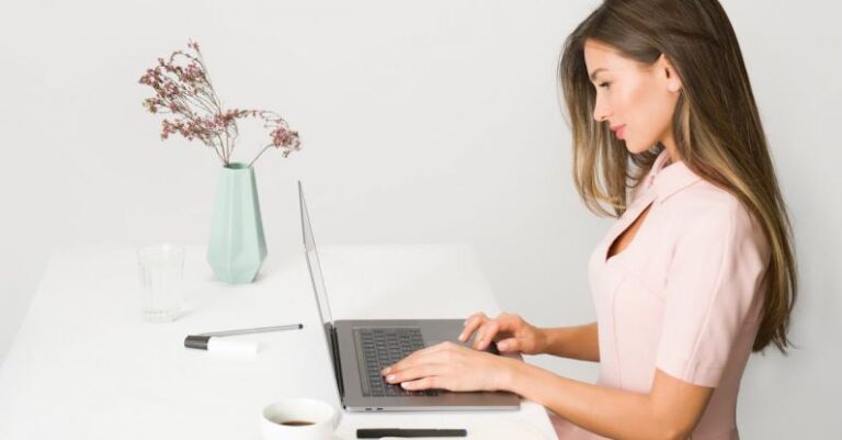 Laptop - Woman in Pink Dress Using Laptop Computer